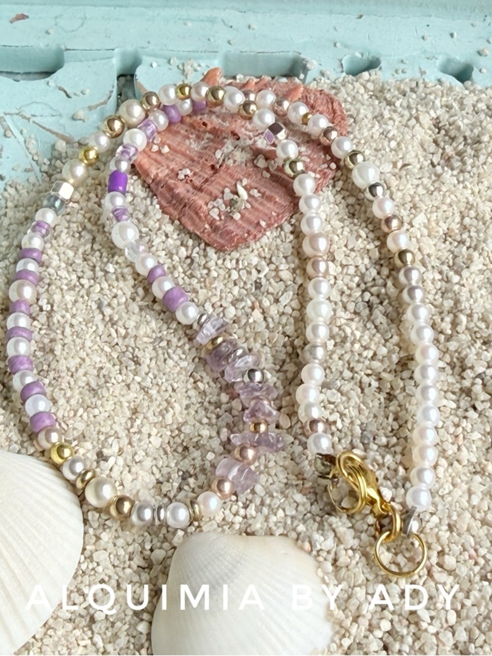 Amethyst Pink and Gold Beaded Necklace - Picture 2 of 5